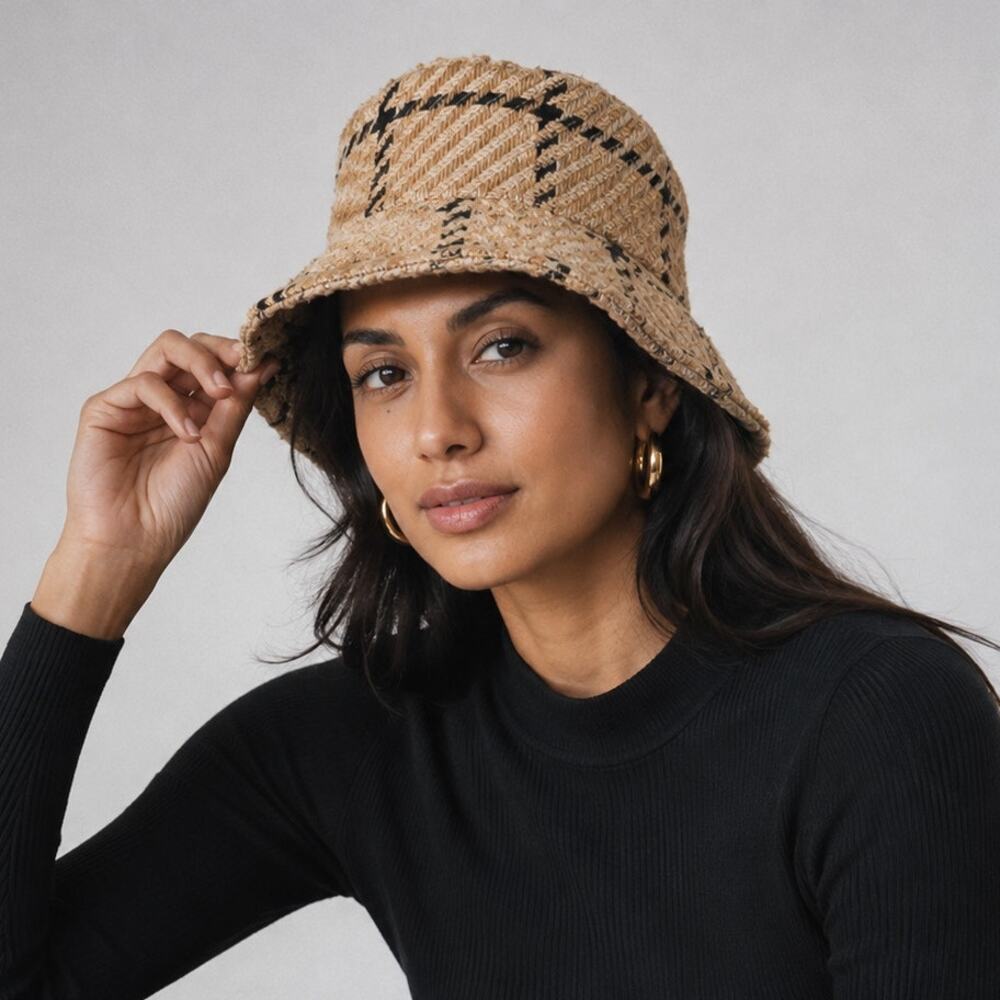 Anine Bing Cami Hat Womens M/L Camel Check Plaid Wool Textured Tweed  Bucket